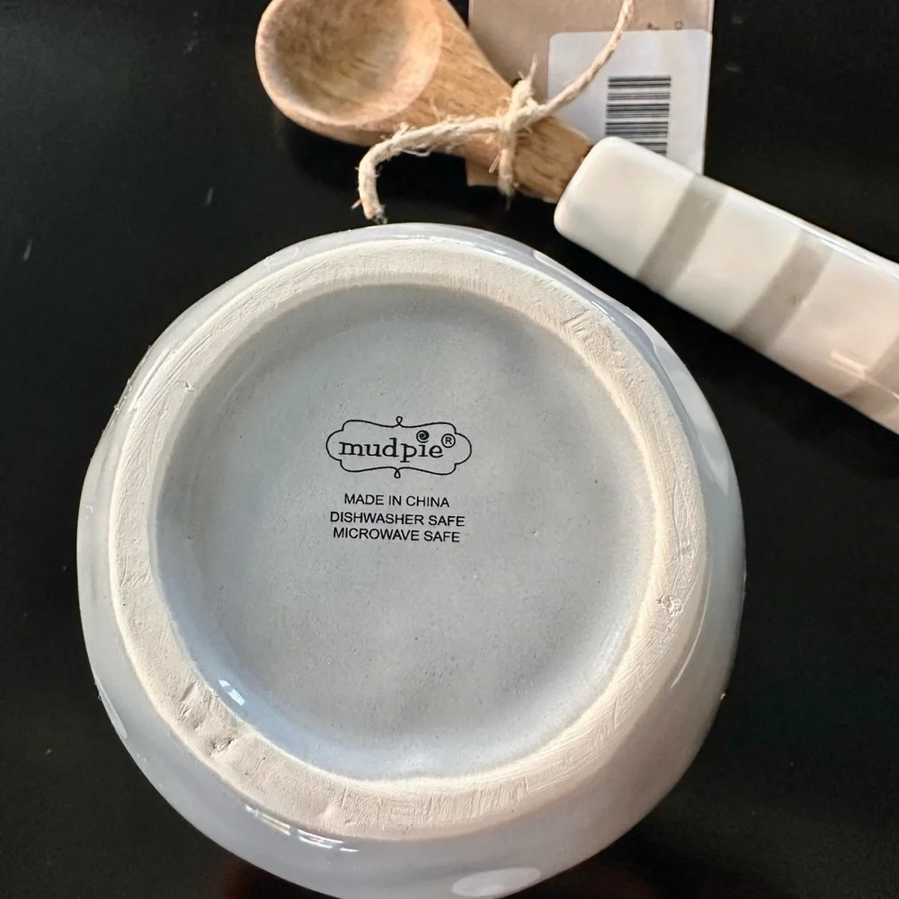 Mud Pie Gray and White Bowl with Wooden Spoon - Picture 2 of 4